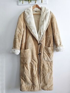 Vintage WINLIT 1969 Genuine Leather Full Length Heavy Tan Coat M Faux Shearling